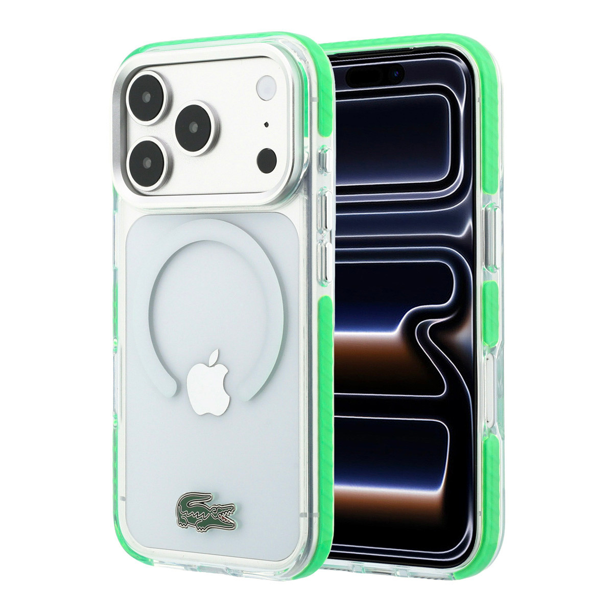Lacoste iPhone 18 Pro Case hard shell - MagSafe - IML - shock-resistant - green edges Clear/Groen - productfoto