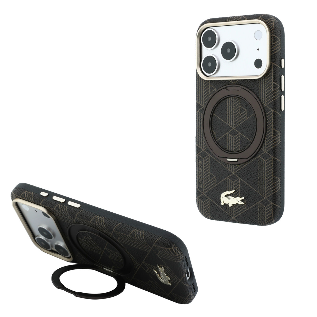 Lacoste iPhone 18 Pro Case hard shell - MagSafe - PVC - The Blend - ring stand Brown/Light Goud - productfoto