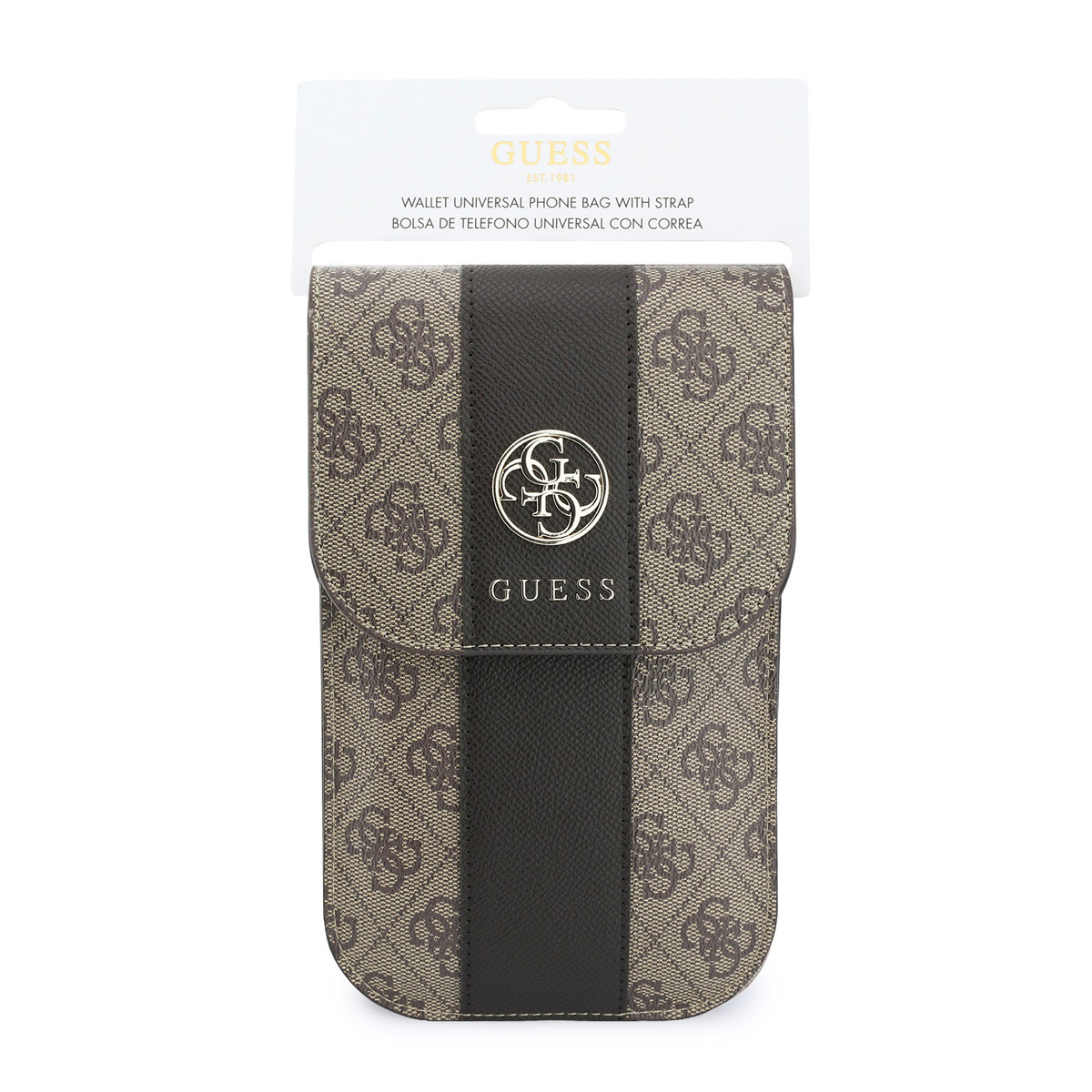 GUESS Phone pouch 4G - PU - round 4G logo - classic logo - stripe pattern - carrying strap Bruin - productfoto