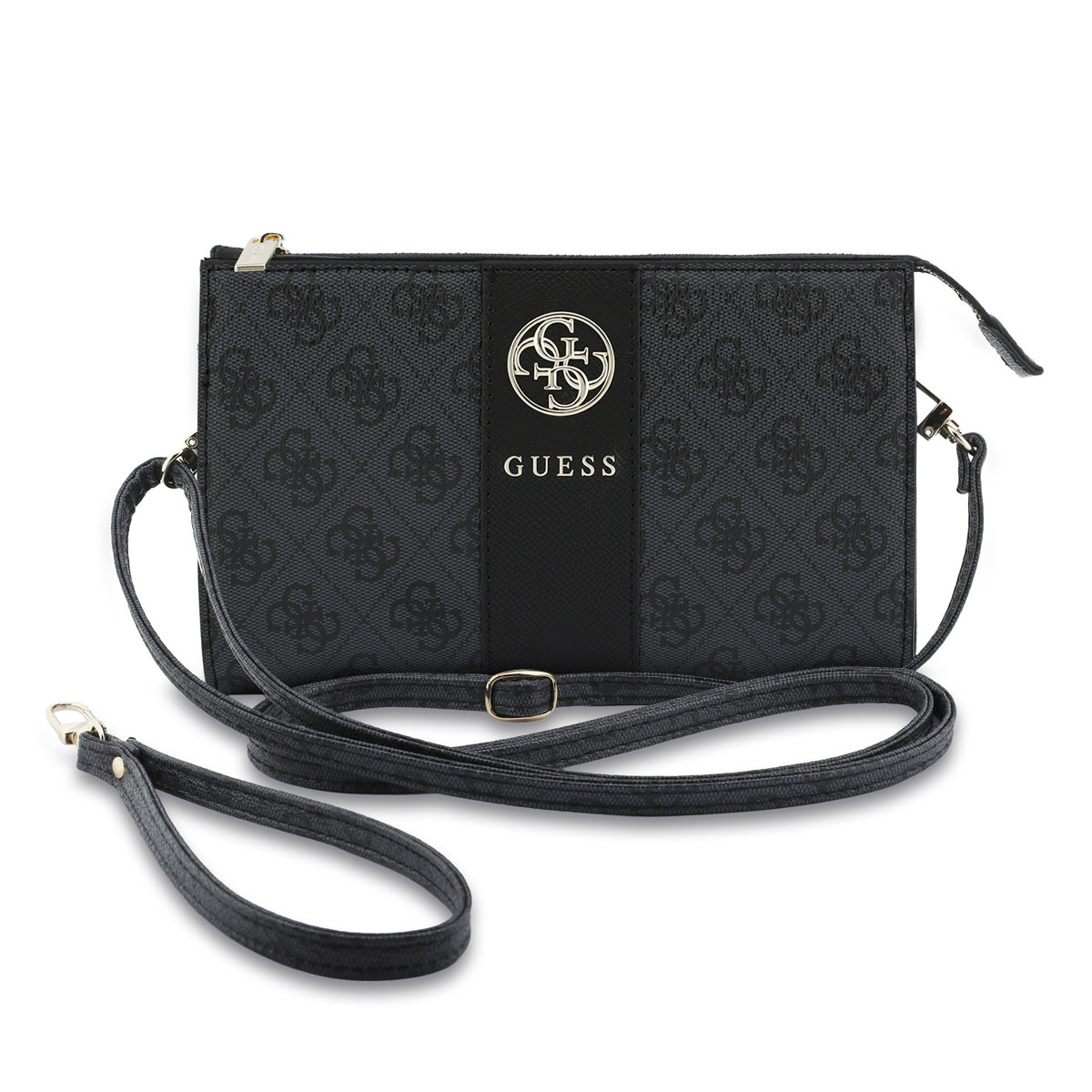 GUESS Phone pouch 4G - PU - round 4G logo - classic logo - stripe pattern Zwart - productfoto