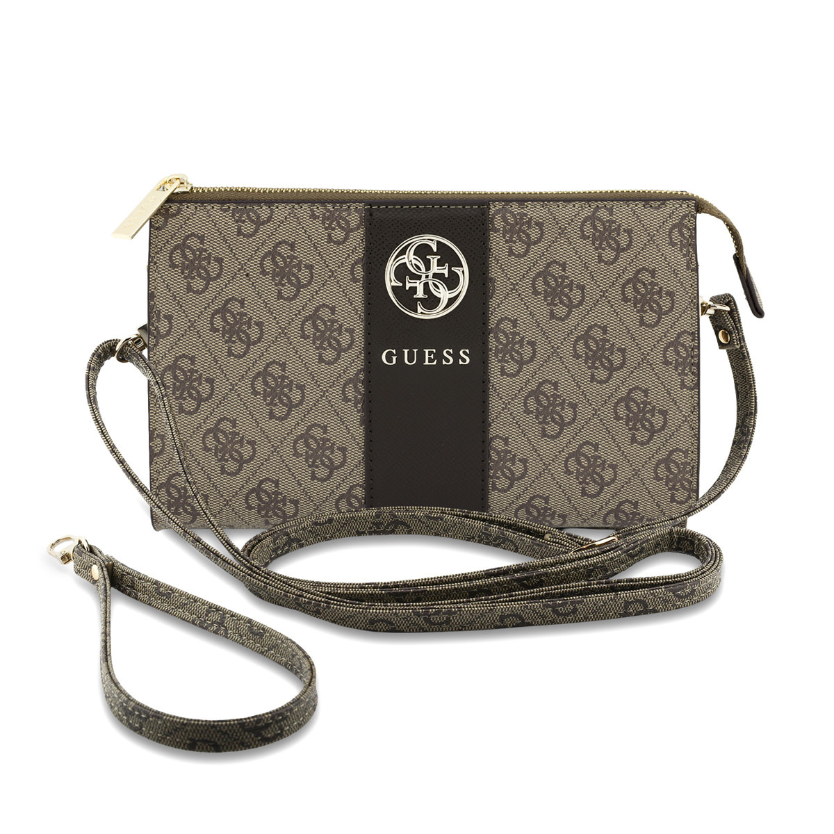 GUESS Phone pouch 4G - PU - round 4G logo - classic logo - stripe pattern Bruin - productfoto