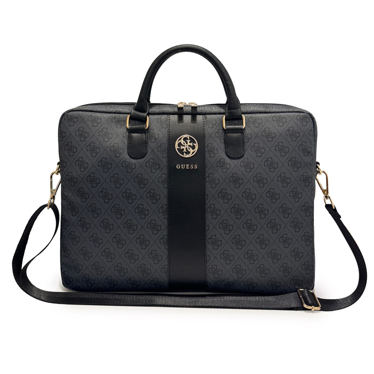 GUESS laptoptas 4G - PU - round 4G logo - classic logo - stripe pattern - 16 inch Zwart - productfoto