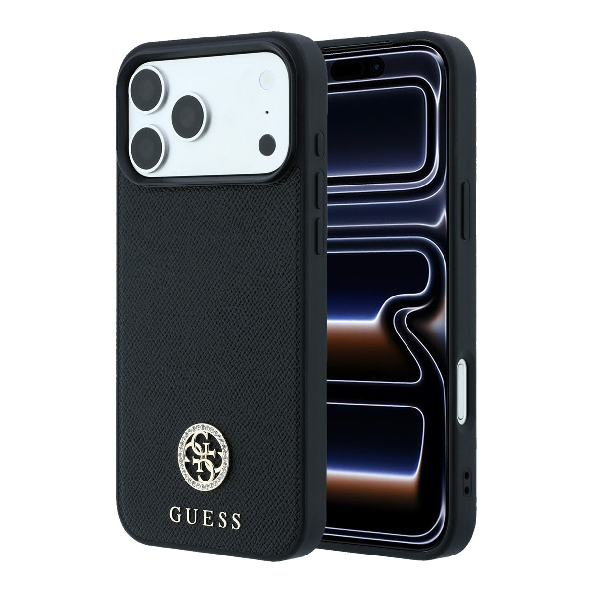 GUESS iPhone 18 Pro / iPhone 17 Pro hoesje MagSafe - grained PU - hard shell - round rhinestone logo Zwart - productfoto