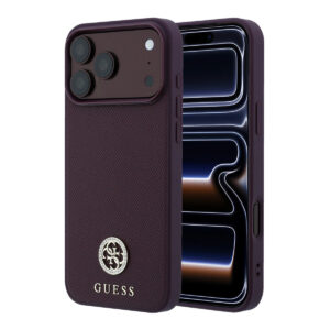 GUESS iPhone 18 Pro / iPhone 17 Pro hoesje MagSafe - grained PU - hard shell - round rhinestone logo Bordeauxrood - productfoto
