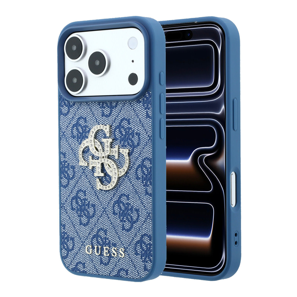 GUESS iPhone 18 Pro / iPhone 17 Pro hoesje 4G - PU - hard shell - large rhinestone logo Blauw - productfoto