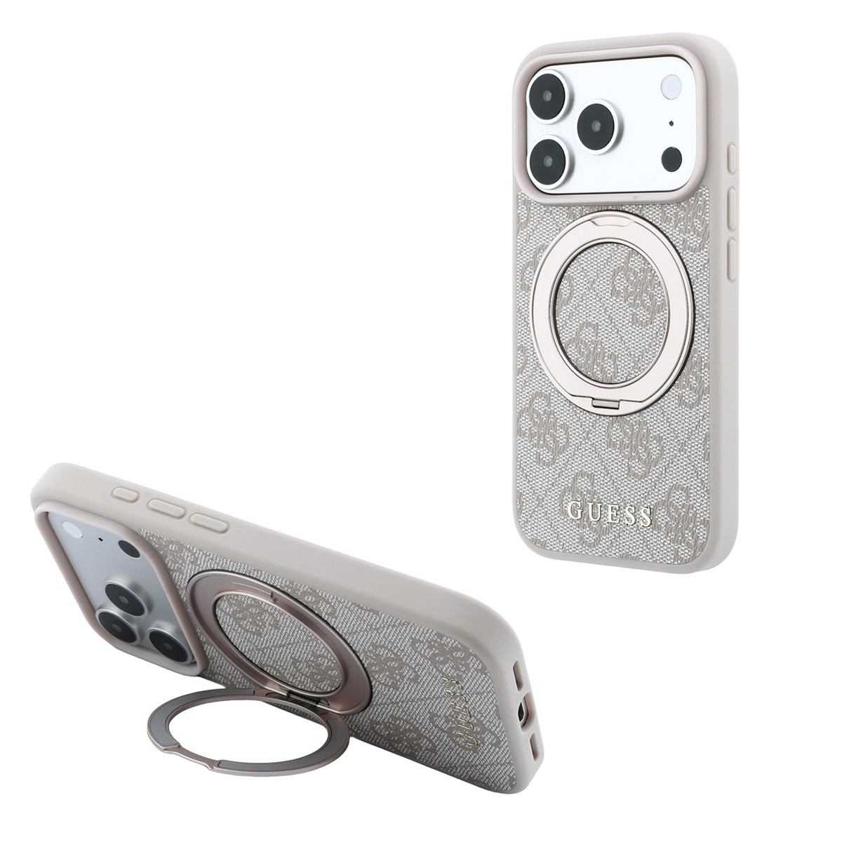 GUESS iPhone 18 Pro / iPhone 17 Pro hoesje MagSafe - 4G - PU - hard shell - ring stand - classic logo Beige - productfoto