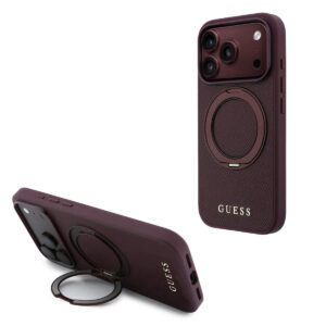 GUESS iPhone 18 Pro Max / iPhone 17 Pro Max hoesje MagSafe - grained PU - hard shell - ring stand - classic logo Bordeauxrood - productfoto