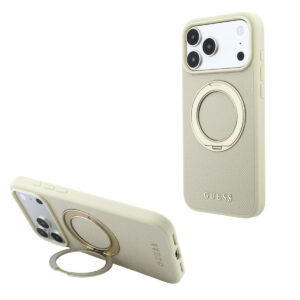 GUESS iPhone 18 Pro / iPhone 17 Pro hoesje MagSafe - grained PU - hard shell - ring stand - classic logo Champagne - productfoto