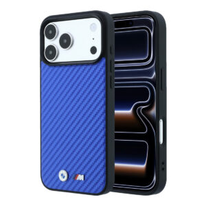 BMW iPhone 18 Pro / iPhone 17 Pro hoesje MagSafe - PU - Carbon - hard shell - metal logos Blauw - productfoto