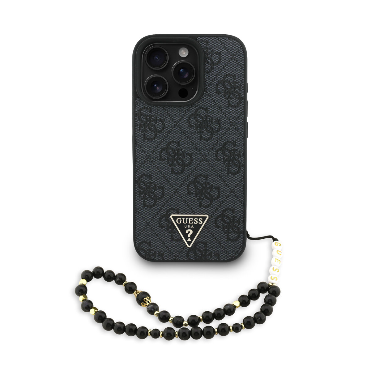 GUESS iPhone 16 Pro Max hoesje - MagSafe - 4G Triangle Logo With Strap - Zwart - productfoto
