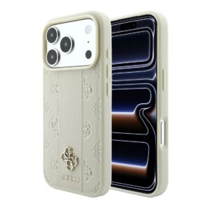 GUESS iPhone 18 Pro Case MagSafe - PU - stripe pattern - hard shell - Peony 4G logo Beige - productfoto