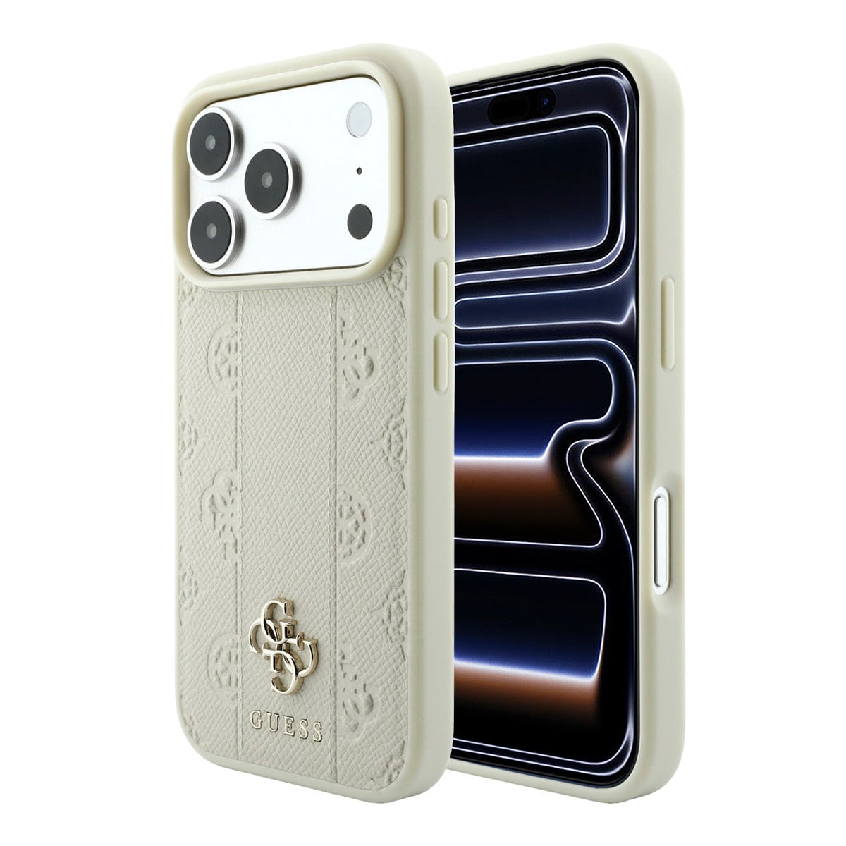 GUESS iPhone 18 Pro Case MagSafe - PU - stripe pattern - hard shell - Peony 4G logo Beige - productfoto