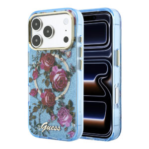 GUESS iPhone 18 Pro Max Case hard shell - MagSafe - IML - glitter - Blossom Roses Lichtblauw - productfoto