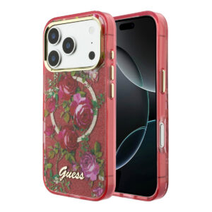 GUESS iPhone 18 Pro Max Case hard shell - MagSafe - IML - glitter - Blossom Roses Bordeauxrood - productfoto
