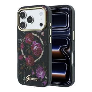 GUESS iPhone 18 Pro Case hard shell - MagSafe - IML - glitter - Blossom Roses Zwart - productfoto