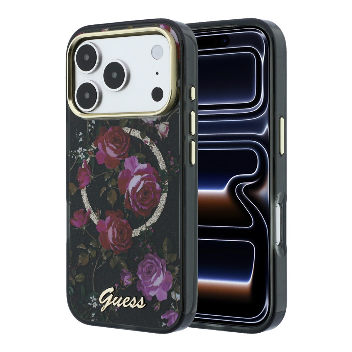 GUESS iPhone 18 Pro Case hard shell - MagSafe - IML - glitter - Blossom Roses Zwart - productfoto