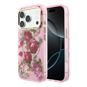 GUESS iPhone 18 Pro Case hard shell - MagSafe - IML - glitter - Blossom Roses Roze - productfoto