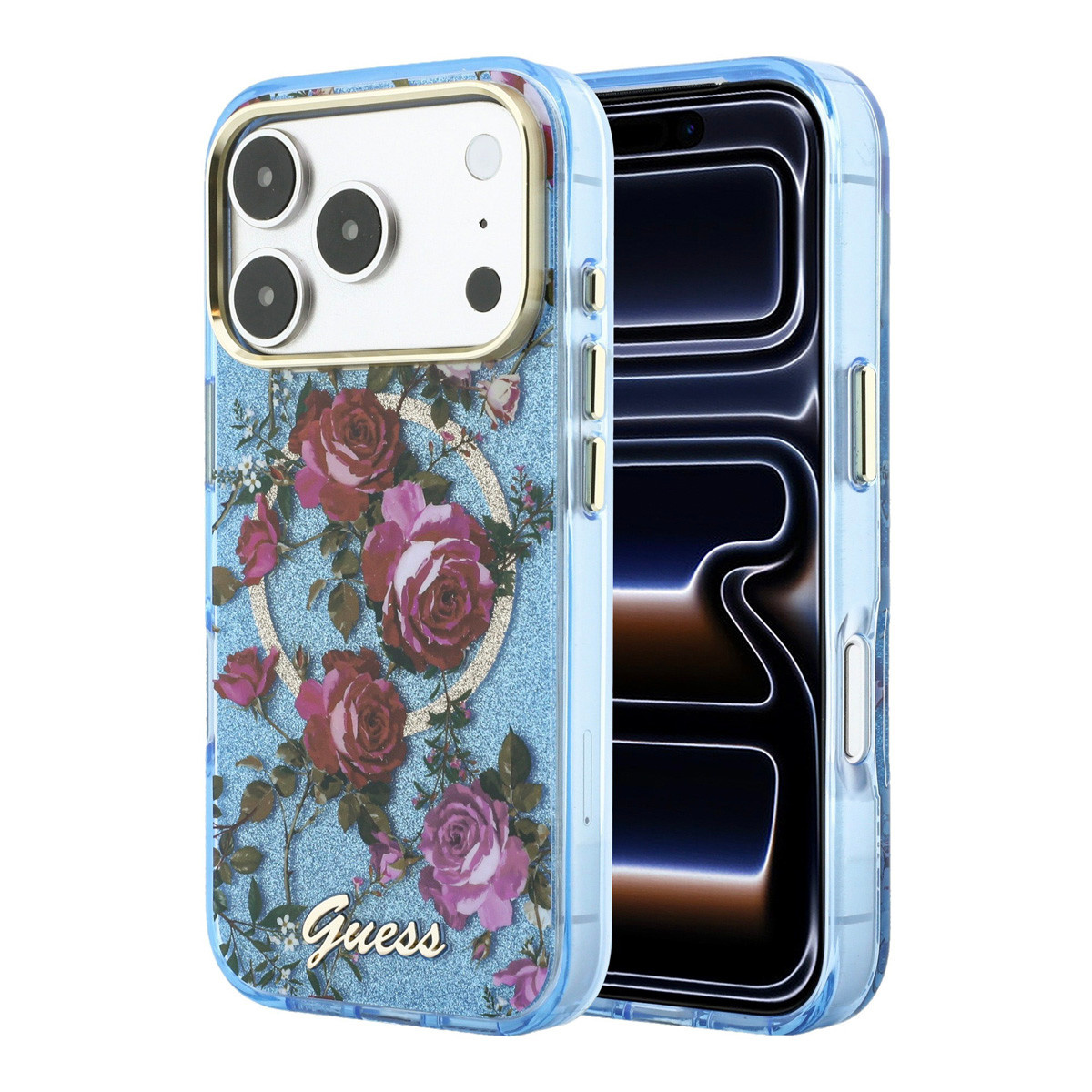 GUESS iPhone 18 Pro Case hard shell - MagSafe - IML - glitter - Blossom Roses Lichtblauw - productfoto