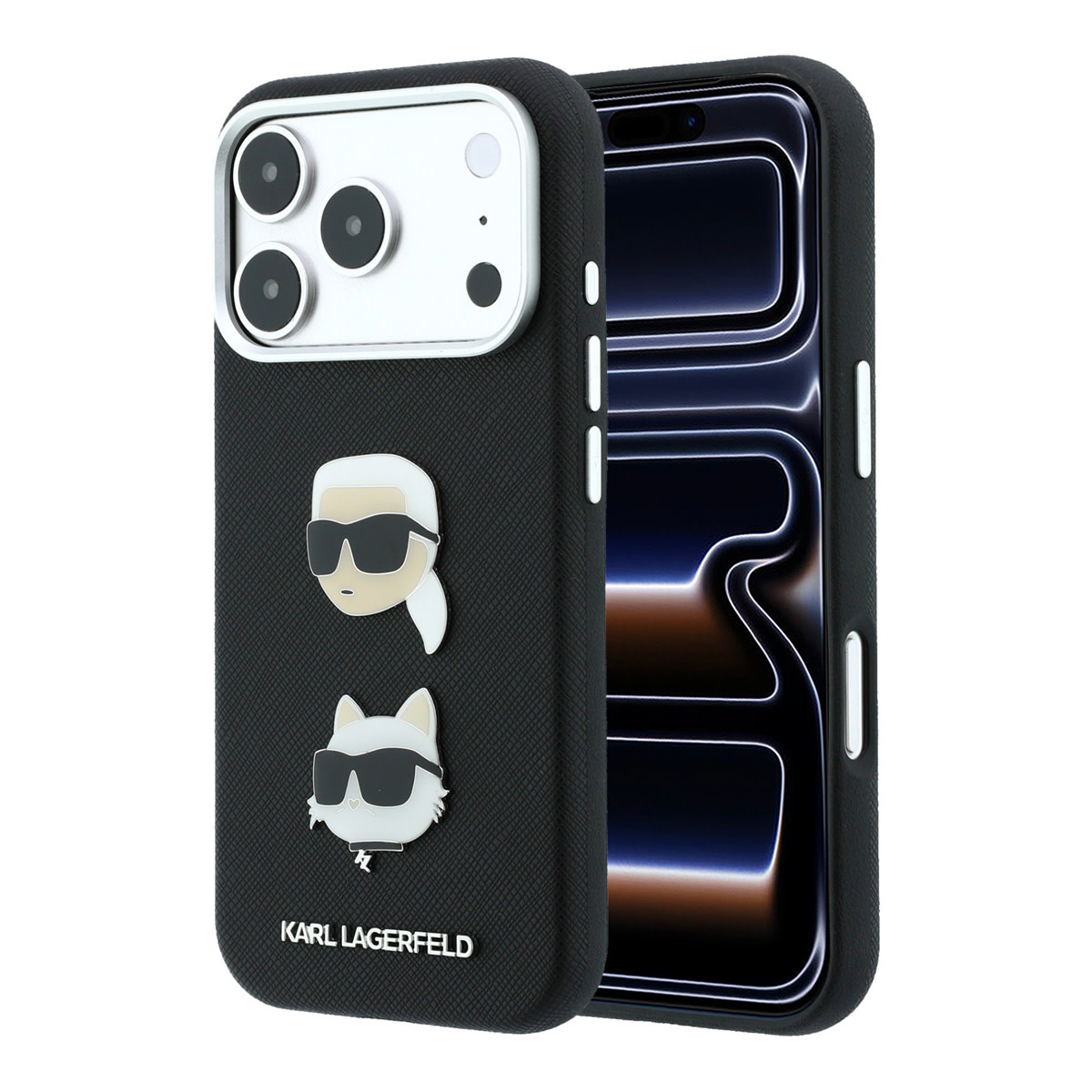 Karl iPhone 18 Pro Case hard shell - SW - PU - Saffiano - K&C Heads pins - logo Zwart - productfoto