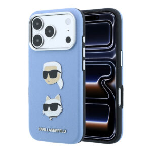 Karl iPhone 18 Pro Case hard shell - SW - PU - Saffiano - K&C Heads pins - logo Lichtblauw - productfoto