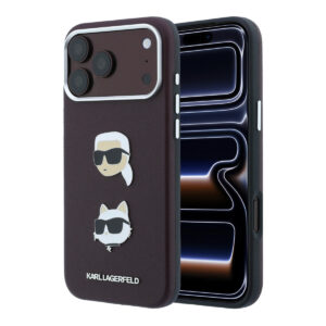 Karl iPhone 18 Pro Case hard shell - SW - PU - Saffiano - K&C Heads pins - logo Bordeauxrood - productfoto