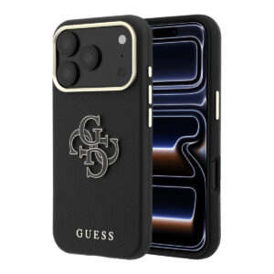 GUESS iPhone 18 Pro Max Case hard shell - SW - grained PU - large resin logo Zwart - productfoto
