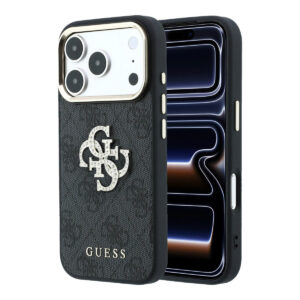 GUESS iPhone 18 Pro Max Case hard shell - 4G - PU - large rhinestone logo Zwart - productfoto