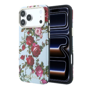 GUESS iPhone 18 Pro Max Case hard shell - MagSafe - SW - PU - Blossom Roses print Lichtblauw - productfoto
