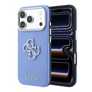 GUESS iPhone 18 Pro Max Case hard shell - SW - grained PU - large resin logo Lichtblauw - productfoto