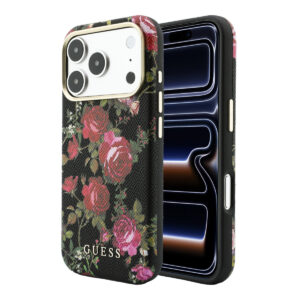 GUESS iPhone 18 Pro Case hard shell - MagSafe - SW - PU - Blossom Roses print Zwart - productfoto