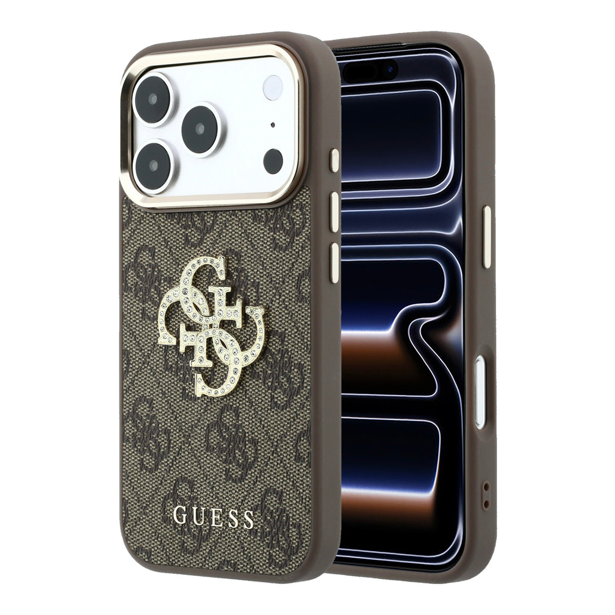 GUESS iPhone 18 Pro Case hard shell - 4G - PU - large rhinestone logo Bruin - productfoto