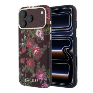 GUESS iPhone 18 Pro Case hard shell - MagSafe - SW - PU - Blossom Roses print Bordeauxrood - productfoto