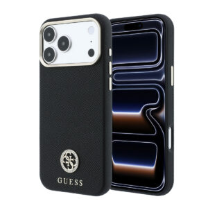 GUESS iPhone 18 Pro Max Case hard shell - MagSafe - SW - grained PU - round rhinestone logo Zwart - productfoto