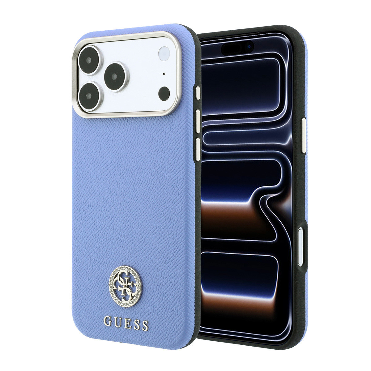 GUESS iPhone 18 Pro Max Case hard shell - MagSafe - SW - grained PU - round rhinestone logo Lichtblauw - productfoto