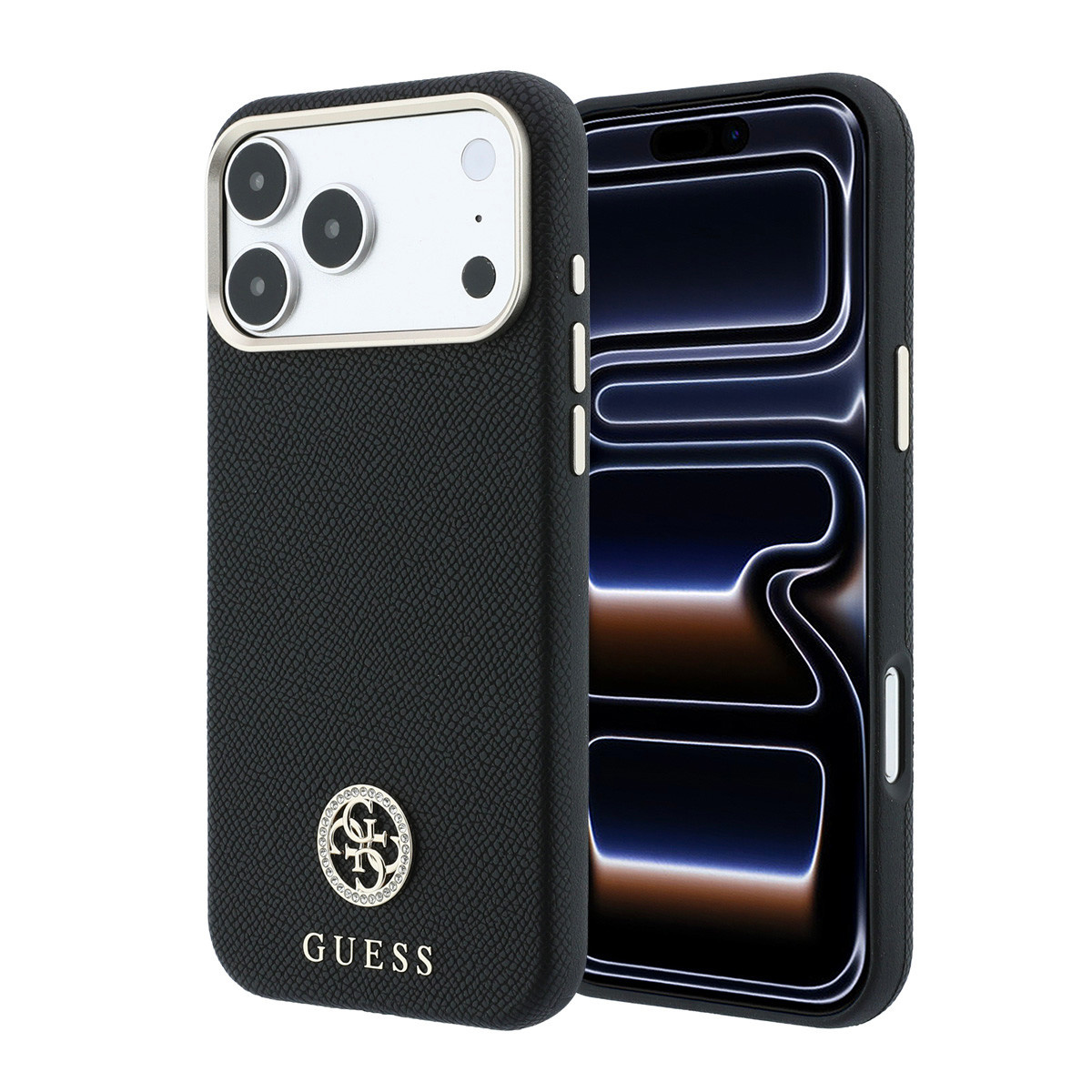 GUESS iPhone 18 Pro Case hard shell - MagSafe - SW - grained PU - round rhinestone logo Zwart - productfoto