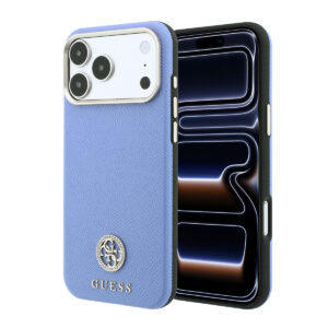 GUESS iPhone 18 Pro Case hard shell - MagSafe - SW - grained PU - round rhinestone logo Lichtblauw - productfoto