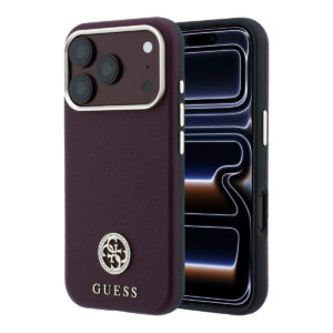 GUESS iPhone 18 Pro Case hard shell - MagSafe - SW - grained PU - round rhinestone logo Bordeauxrood - productfoto