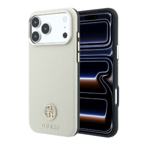 GUESS iPhone 18 Pro Case hard shell - MagSafe - SW - grained PU - round rhinestone logo Beige - productfoto
