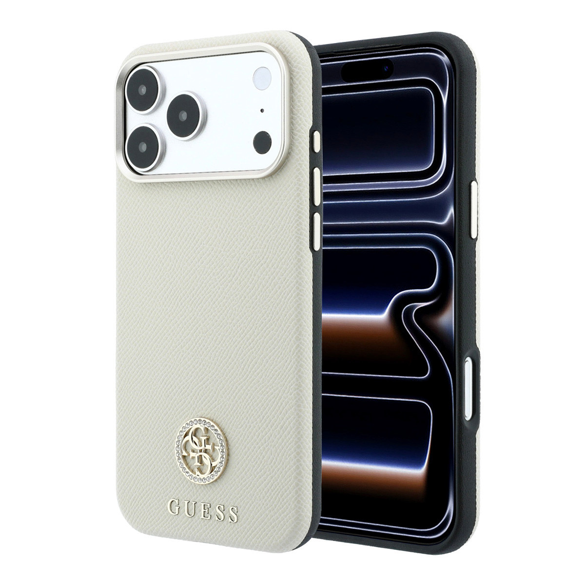 GUESS iPhone 18 Pro Case hard shell - MagSafe - SW - grained PU - round rhinestone logo Beige - productfoto