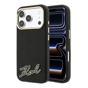 Karl iPhone 18 Pro Max Case hard shell - MagSafe - SW - grained PU - resin signature logo Zwart - productfoto