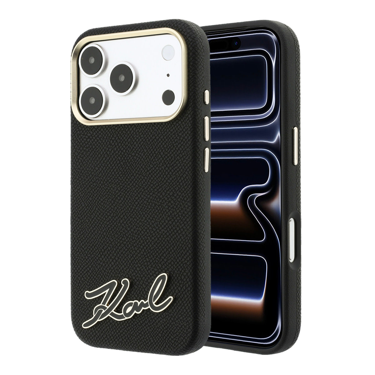 Karl iPhone 18 Pro Max Case hard shell - MagSafe - SW - grained PU - resin signature logo Zwart - productfoto