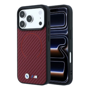 BMW iPhone 18 Pro / iPhone 17 Pro hoesje MagSafe - PU - Carbon Circle - hard shell - metal logos Bordeauxrood - productfoto