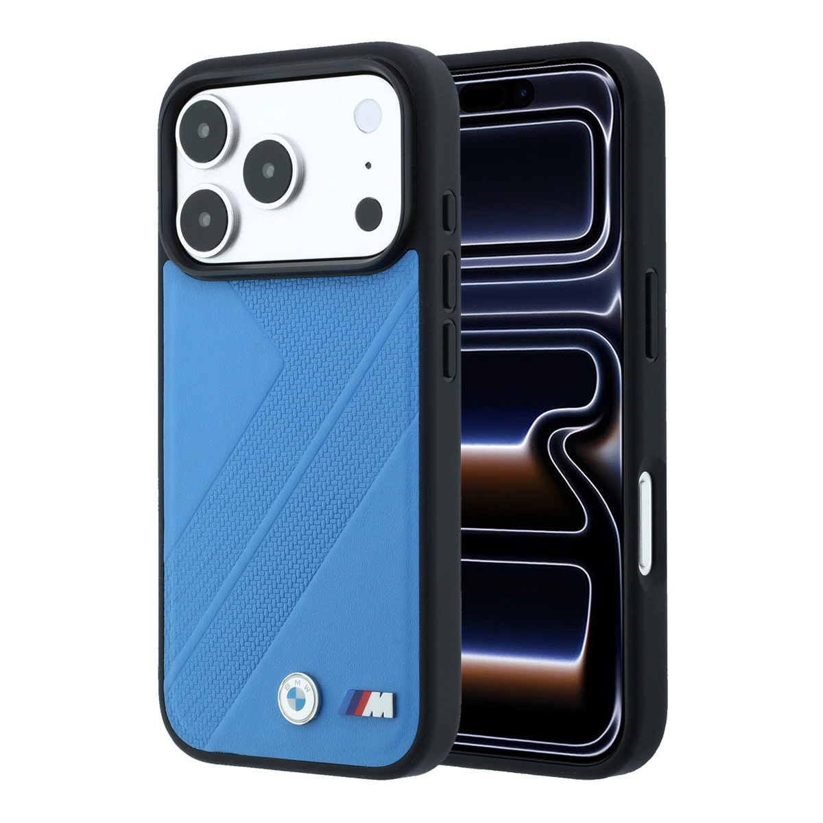 BMW iPhone 18 Pro / iPhone 17 Pro hoesje MagSafe - PU - textured tyre-track pattern - hard shell - metal logos Lichtblauw - productfoto