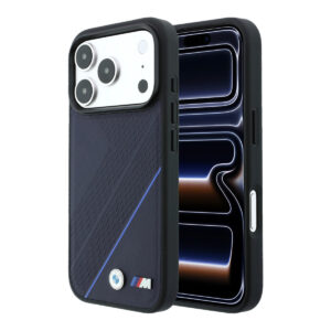 BMW iPhone 18 Pro Max / iPhone 17 Pro Max hoesje MagSafe - PU - textured tyre-track pattern - line pattern - hard shell - metal logos Lichtblauw - productfoto