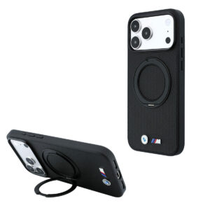 BMW M iPhone 18 Pro Max / iPhone 17 Pro Max hoesje MagSafe - PU - Kevlar - hard shell - ring stand - metal logos Zwart - productfoto
