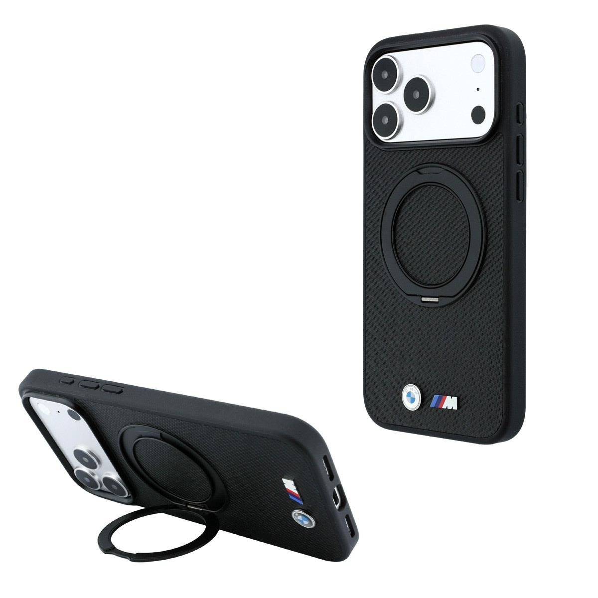 BMW M iPhone 18 Pro Max / iPhone 17 Pro Max hoesje MagSafe - PU - Kevlar - hard shell - ring stand - metal logos Zwart - productfoto