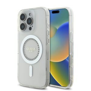 GUESS iPhone 16 Pro hoesje Magsafe IML Rhinestones - Wit - productfoto