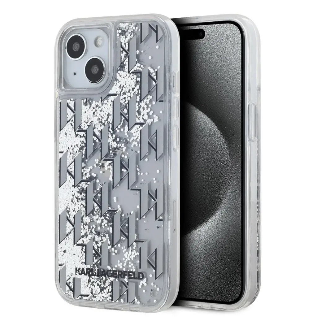 Karl Lagerfeld iPhone 15 hoesje Liquid glitter - monogram gradient - Wit - detail 1