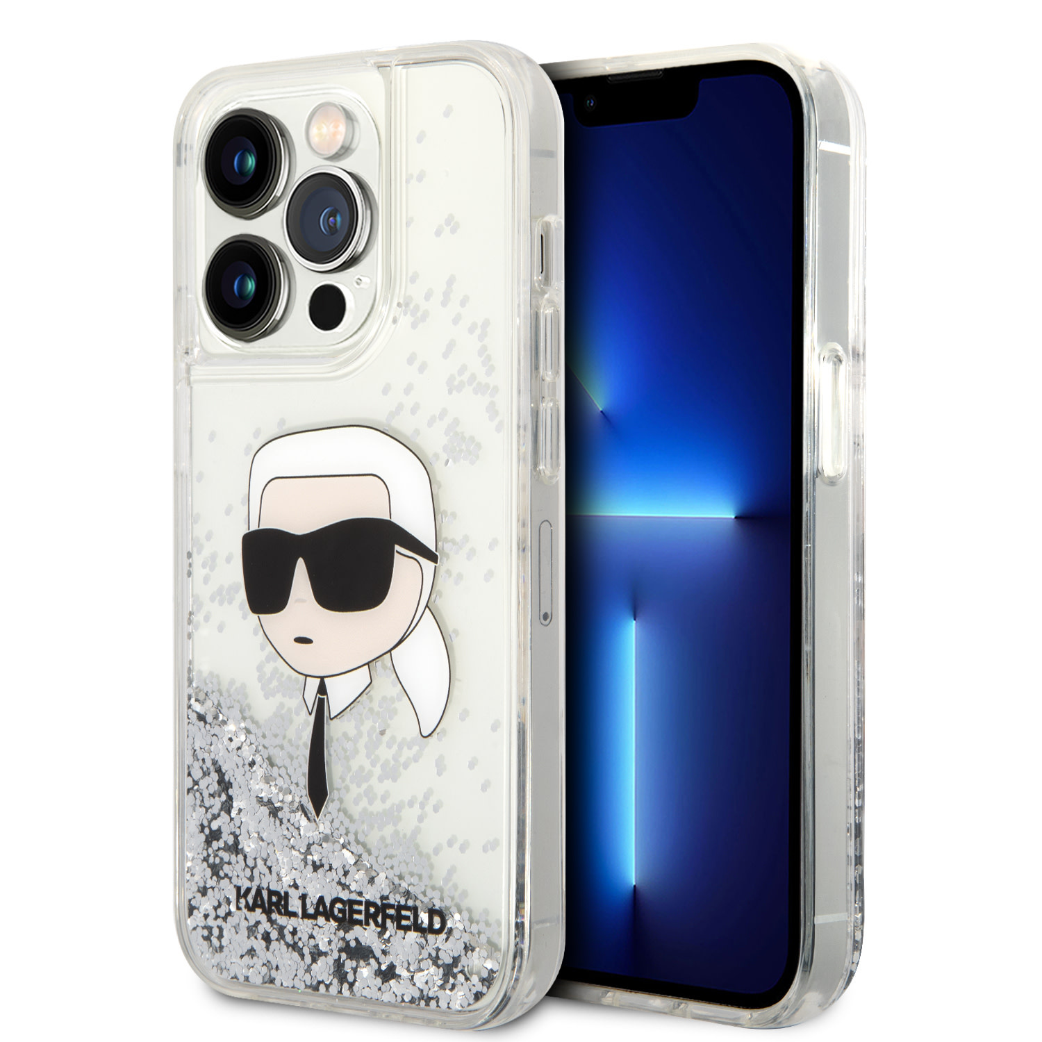 Karl Lagerfeld iPhone 14 Pro hoesje - Liquid Glitter - Karl Head - Zilver - productfoto