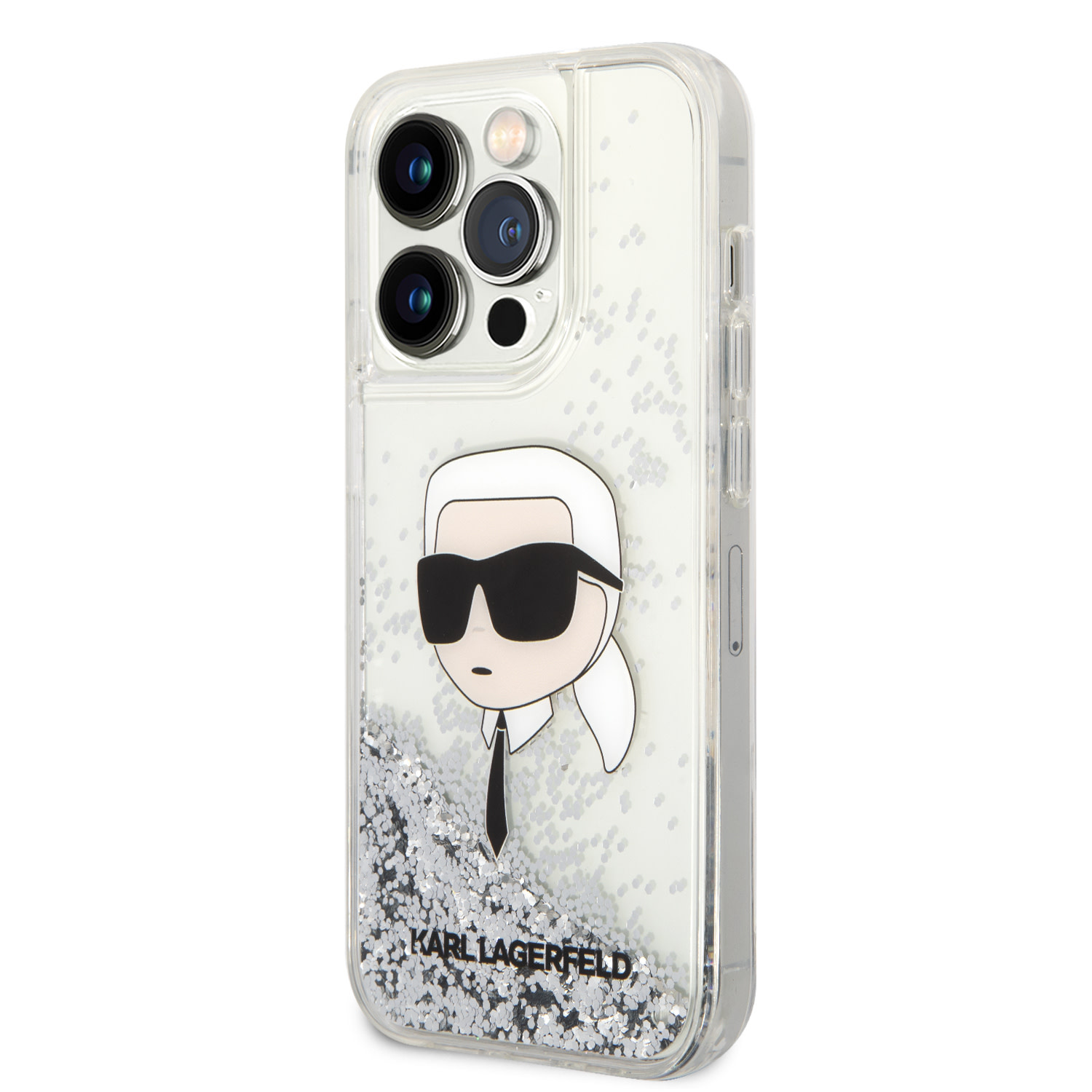 Karl Lagerfeld iPhone 14 Pro hoesje - Liquid Glitter - Karl Head - Zilver - detail 1